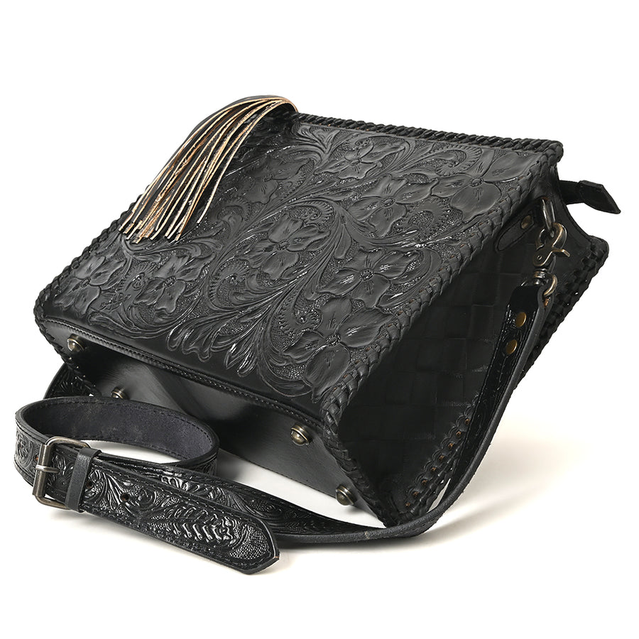 American Darling Western Hand-Tooled Leather Crossbody Bag – Genuine Floral Carved Women’s Purse with Strap and Fringe Detail