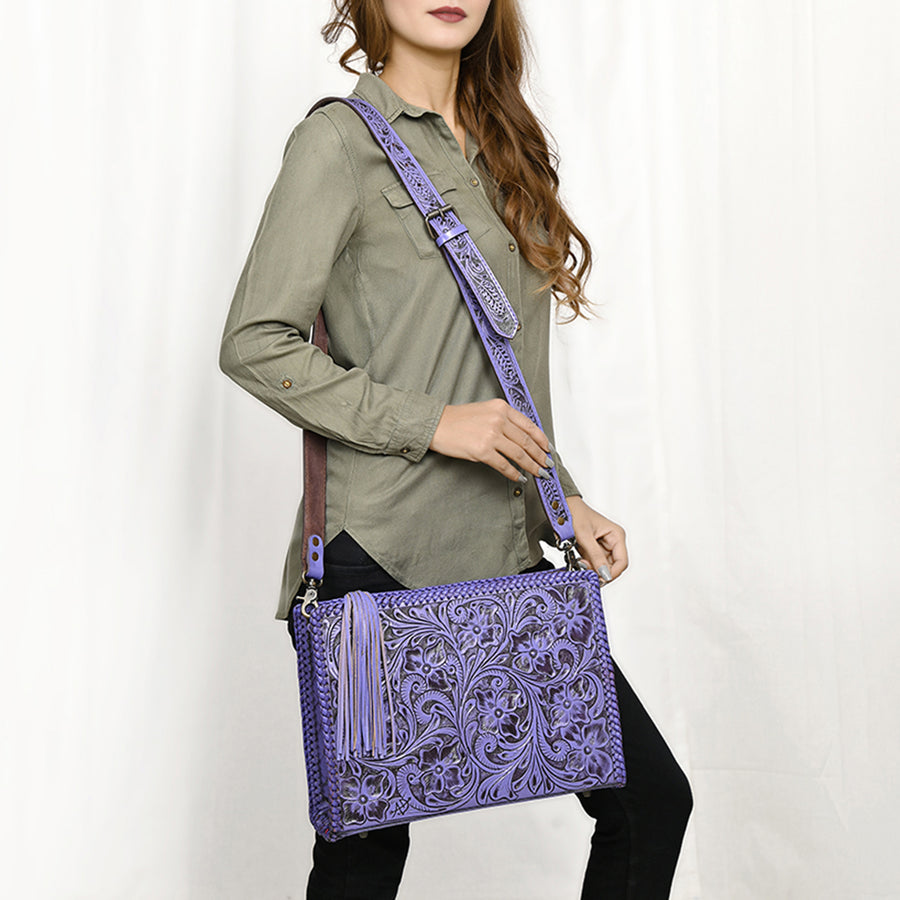 American Darling Western Hand-Tooled Leather Crossbody Bag – Genuine Floral Carved Women’s Purse with Strap and Fringe Detail