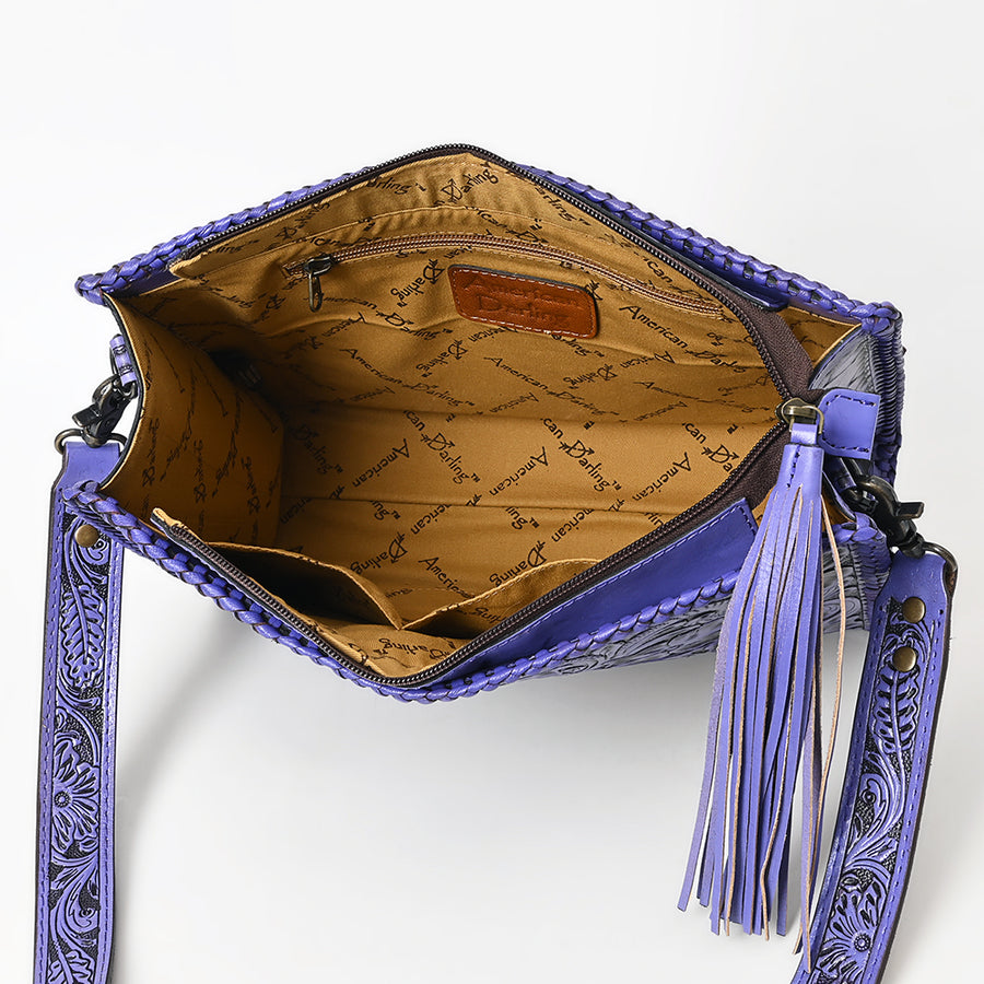 American Darling Western Hand-Tooled Leather Crossbody Bag – Genuine Floral Carved Women’s Purse with Strap and Fringe Detail