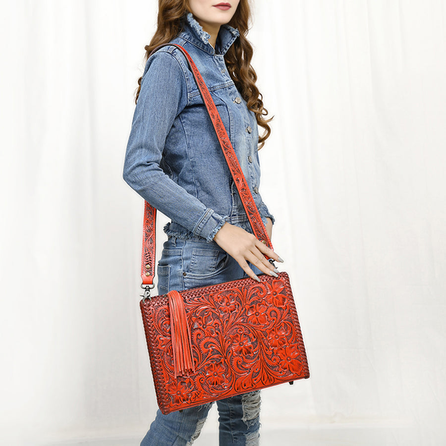 American Darling Western Hand-Tooled Leather Crossbody Bag – Genuine Floral Carved Women’s Purse with Strap and Fringe Detail