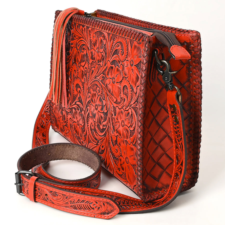 American Darling Western Hand-Tooled Leather Crossbody Bag – Genuine Floral Carved Women’s Purse with Strap and Fringe Detail