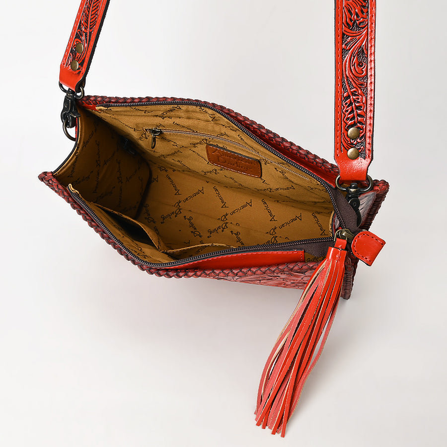 American Darling Western Hand-Tooled Leather Crossbody Bag – Genuine Floral Carved Women’s Purse with Strap and Fringe Detail