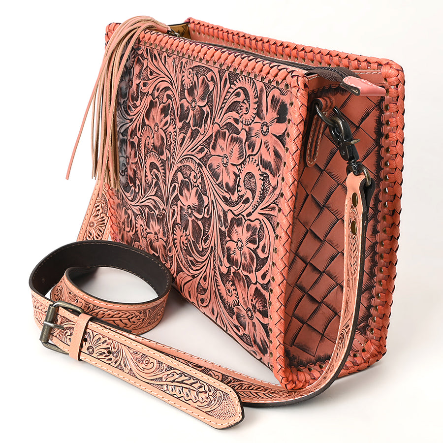American Darling Western Hand-Tooled Leather Crossbody Bag – Genuine Floral Carved Women’s Purse with Strap and Fringe Detail