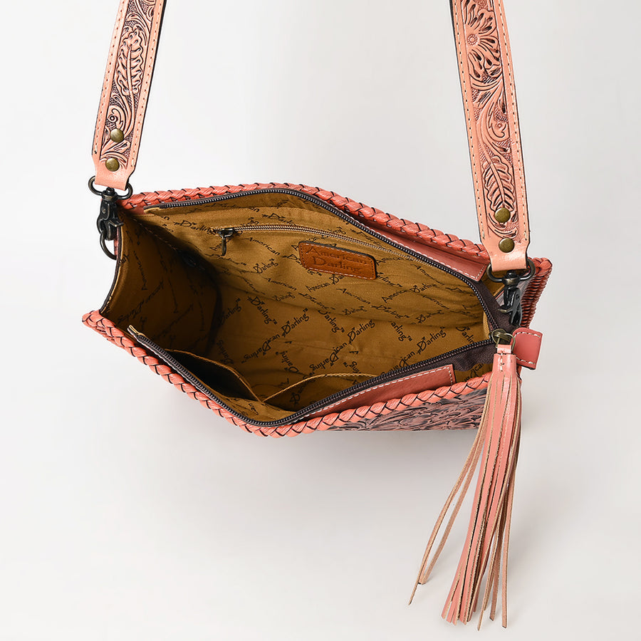 American Darling Western Hand-Tooled Leather Crossbody Bag – Genuine Floral Carved Women’s Purse with Strap and Fringe Detail