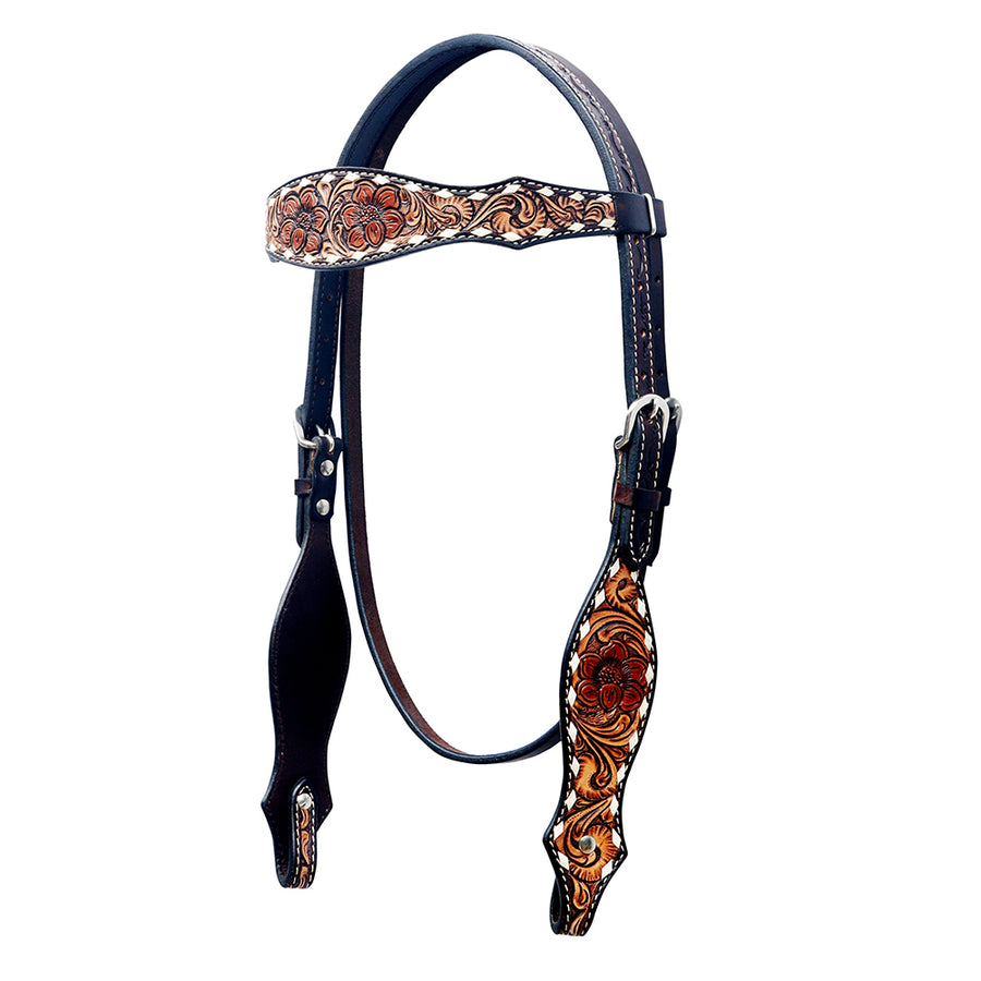 Black leather headstall with tooled leather browband - Uhorse