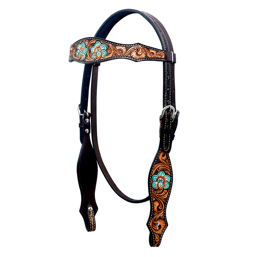 Black leather headstall with tooled turquoise and tan floral design - Uhorse