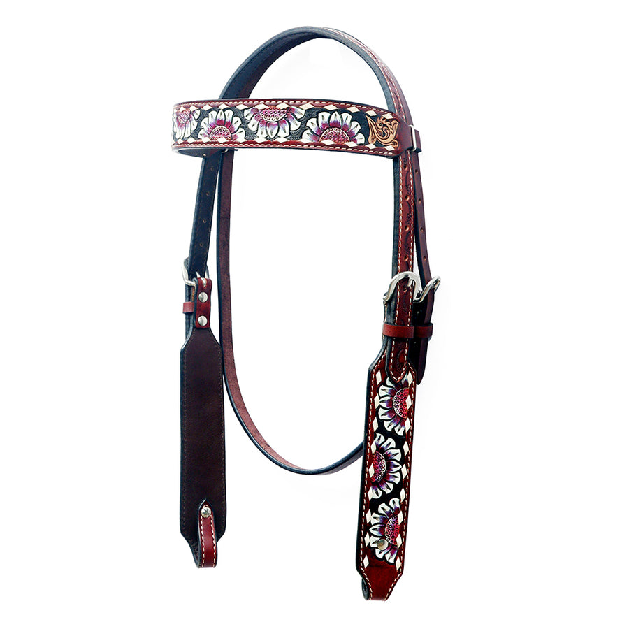 BAR H EQUINE Western Horse Floral Hand Painted Genuine Leather Headstall Dark Brown - Uhorse