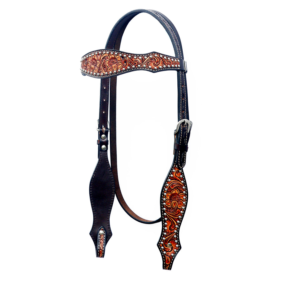 Black leather headstall with tooled brown leather browband - Uhorse