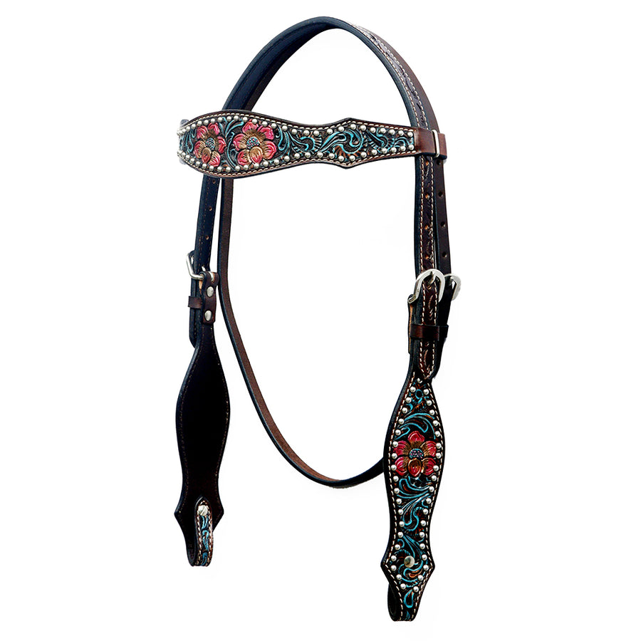 Leather western headstall with tooled floral design - Uhorse