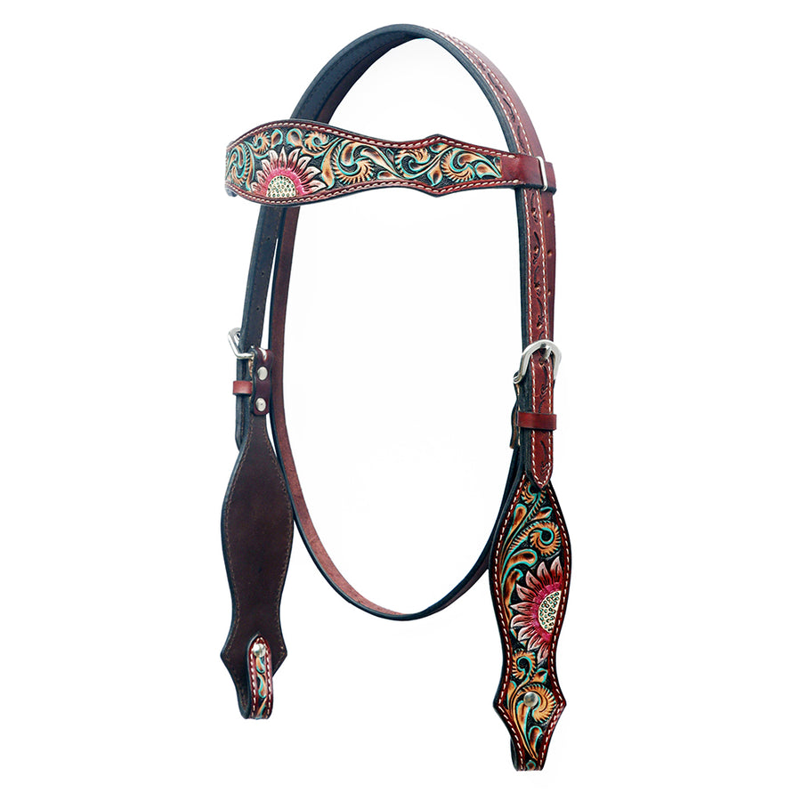 Leather western headstall with tooled floral design - Uhorse