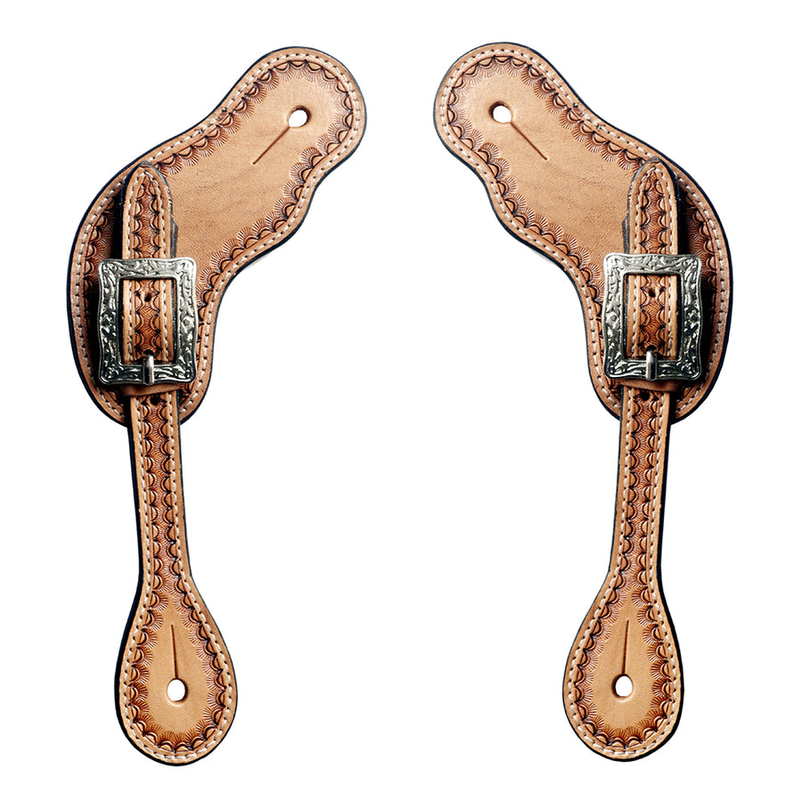 Pair of tan leather spur straps with silver buckles - Uhorse