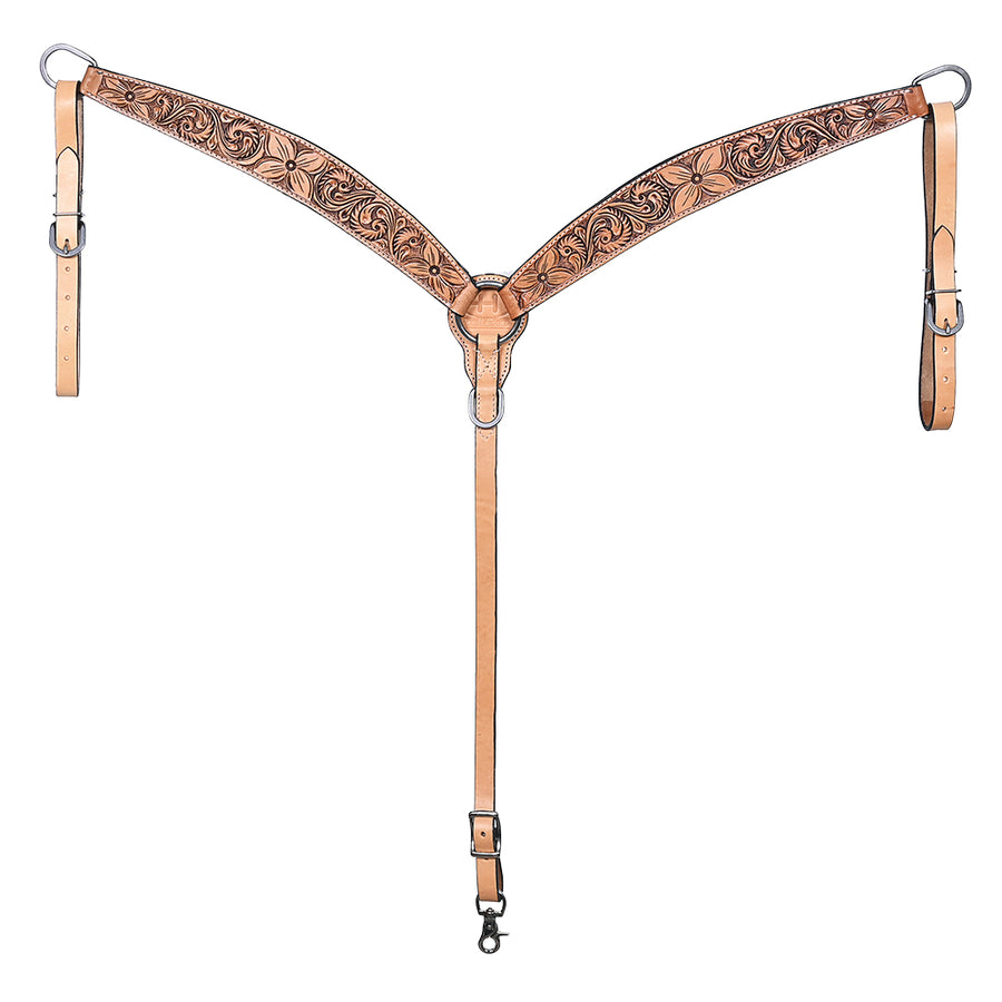 Bar H Equine Horse Genuine Leather Floral Carved Breast Collar Tan - Uhorse