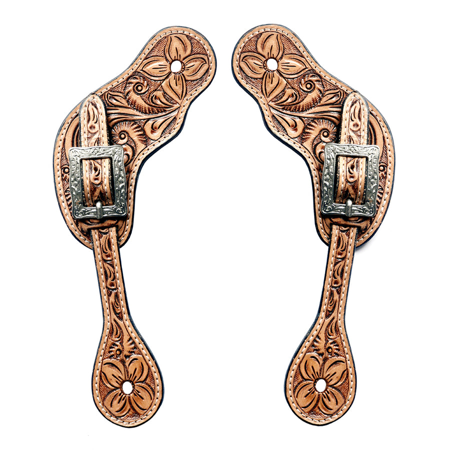 Tooled leather spur straps with silver buckles - Uhorse