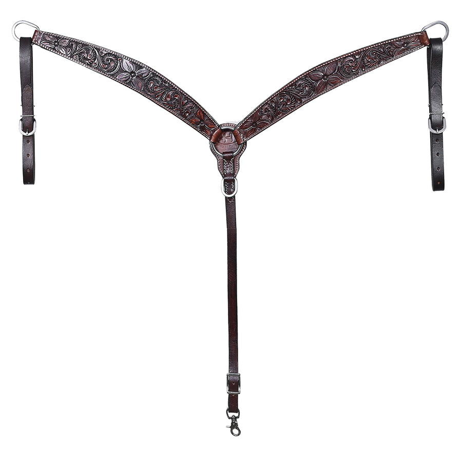 Bar H Equine Horse Genuine Leather Floral Carved Breast Collar Dark Brown - Uhorse