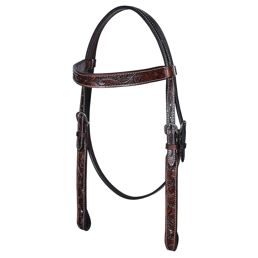 Bar H Equine Horse Genuine Leather Floral Carved Headstall Tack Dark Brown - Uhorse