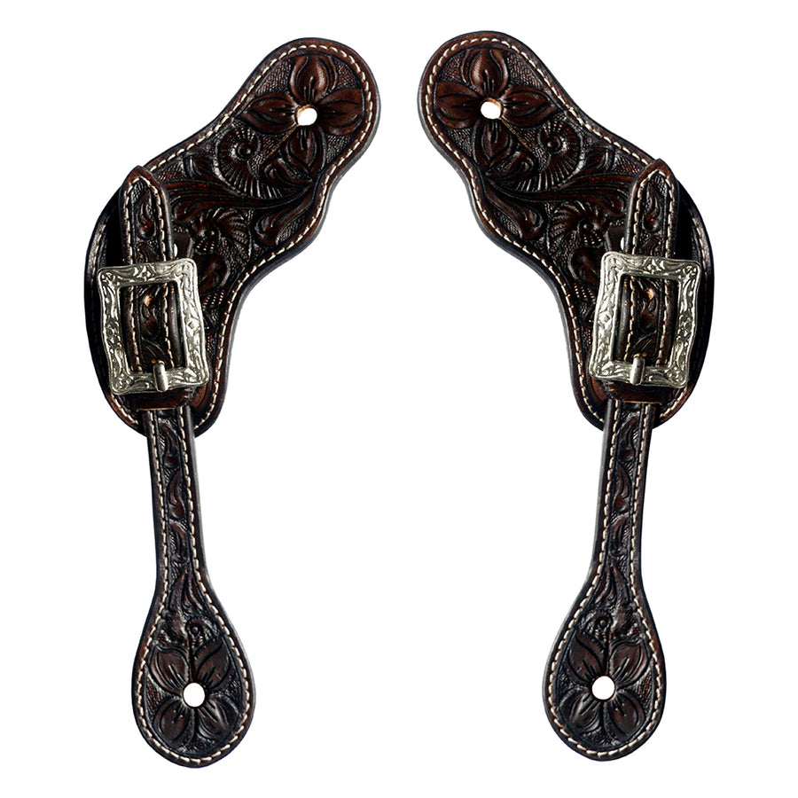 Pair of brown leather spur straps with silver buckles - Uhorse