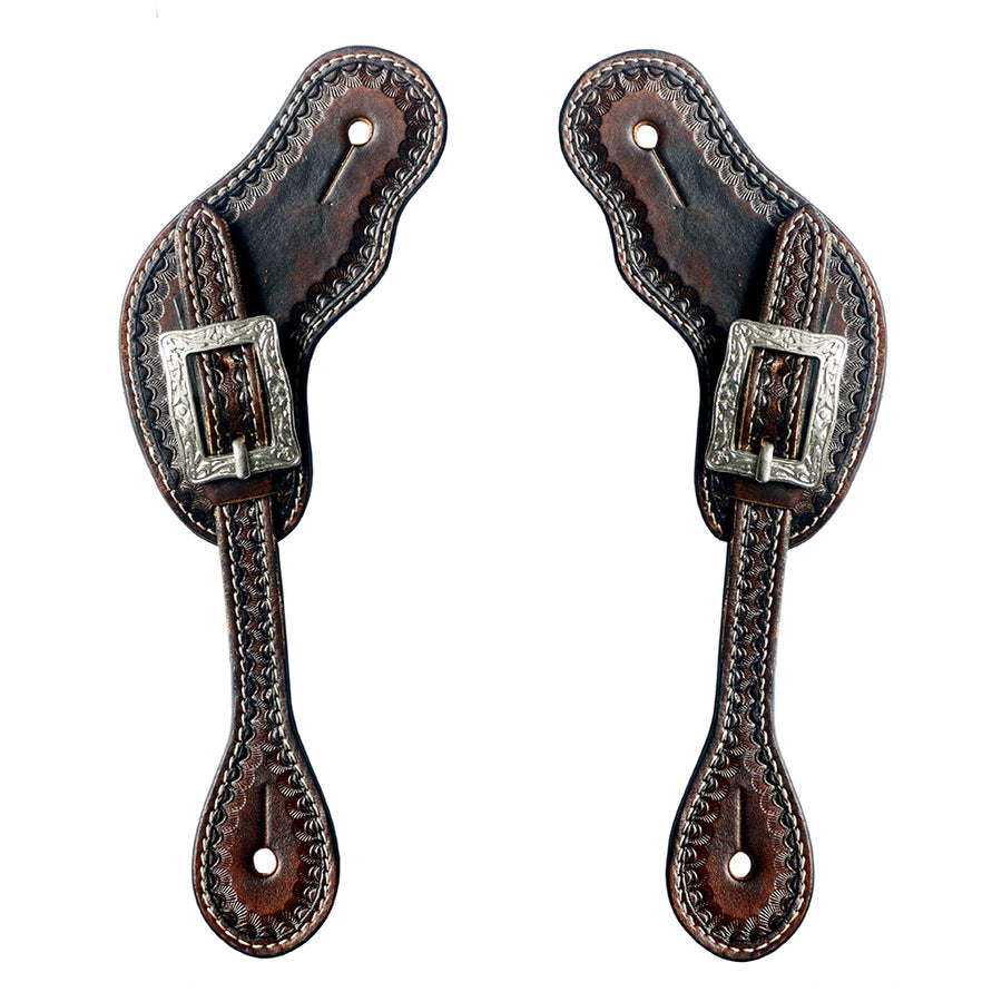 Pair of brown leather spur straps with silver buckles - Uhorse