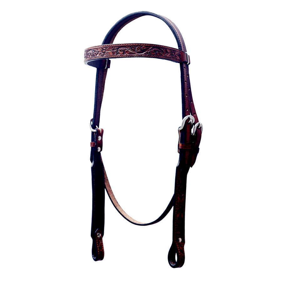 Brown leather western headstall with tooled browband - Uhorse