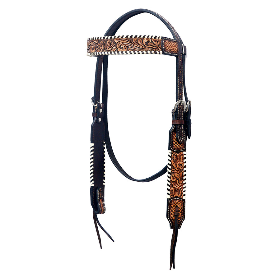 Black leather headstall with tooled brown leather accents - Uhorse