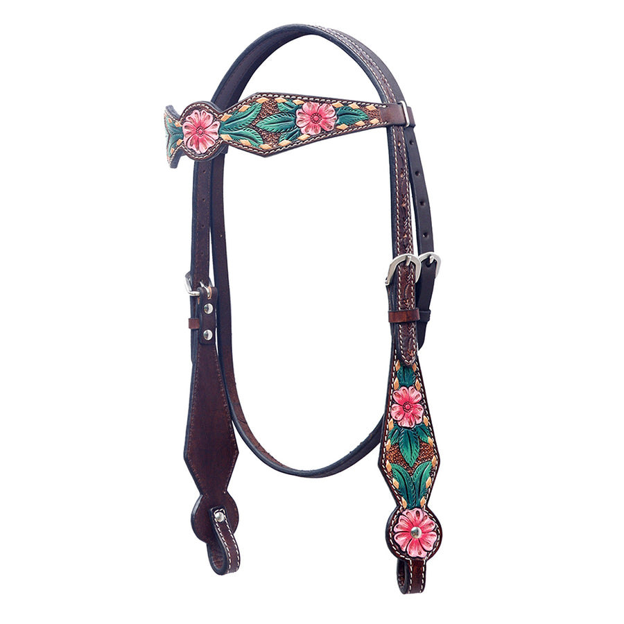 Leather headstall with floral tooling and pink flowers - Uhorse