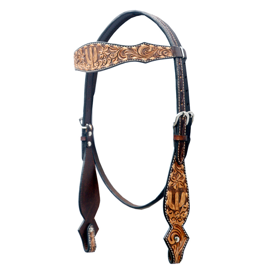 Bar H Equine Horse Genuine Leather Headstall Floral Carved Brown - Uhorse