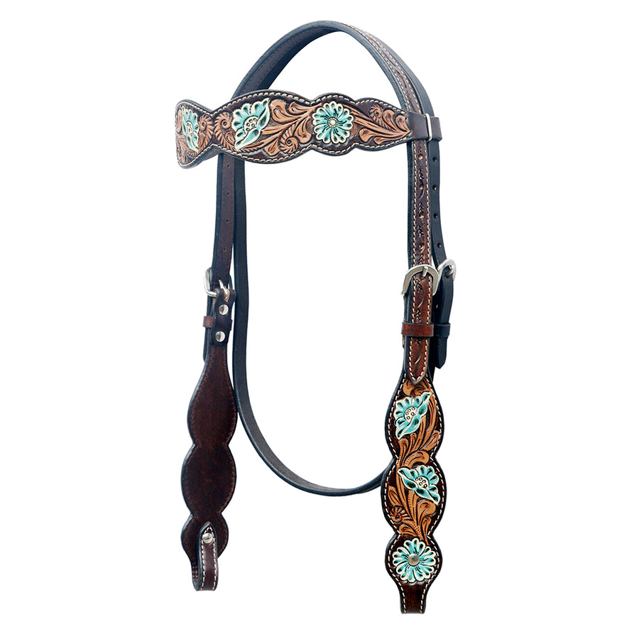 Leather western headstall with tooled and turquoise inlay detail - Uhorse