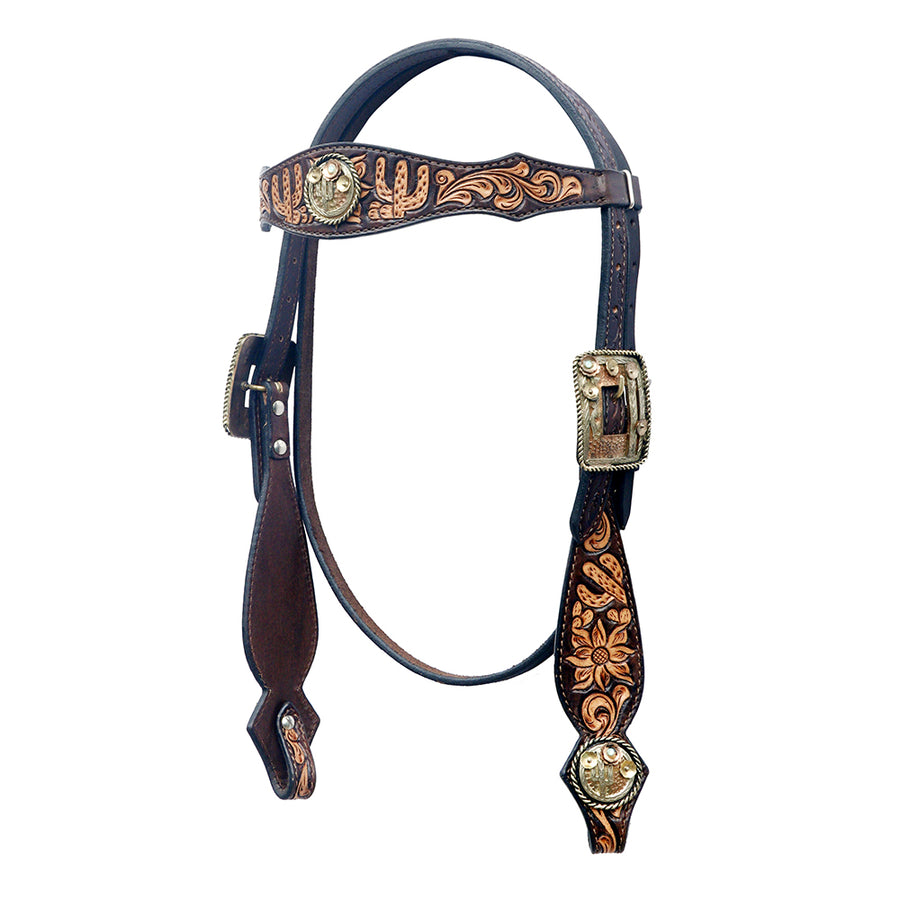 Dark leather western bridle with tooled details and brass hardware - Uhorse