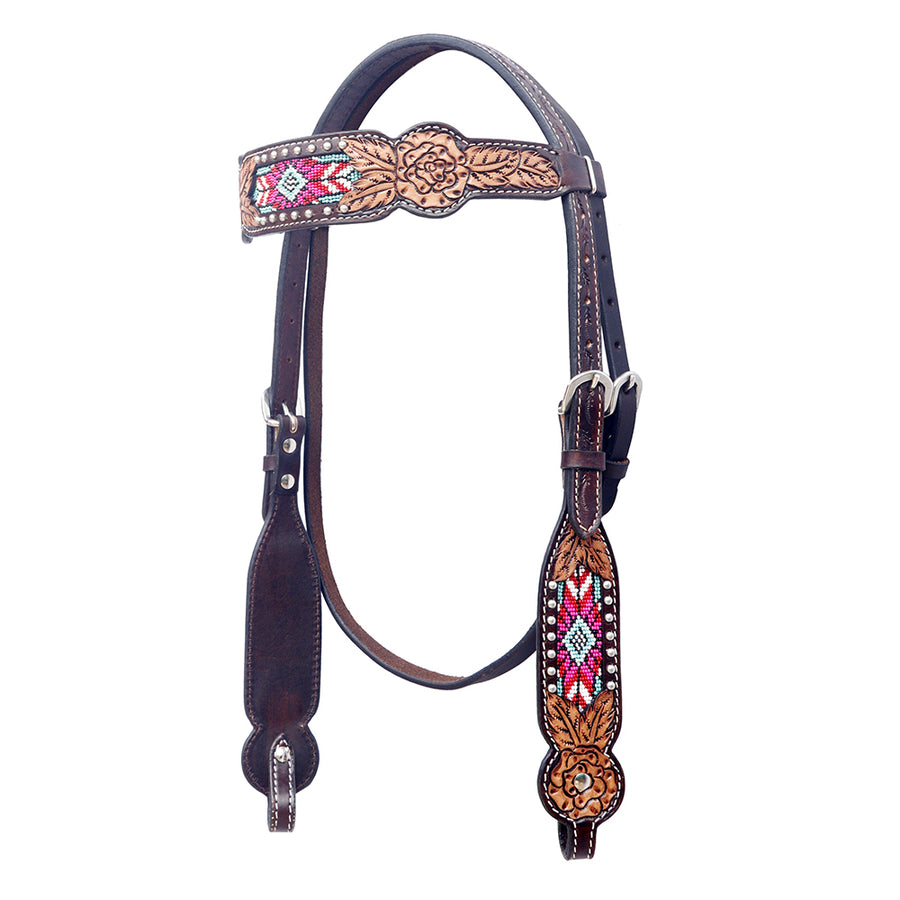 Bar H Equine Western Leather Horse Headstall Floral Beeded Inlay Brown - Uhorse