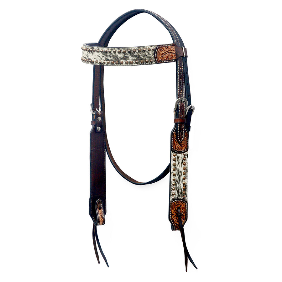 Bar H Equine Western Hair On Leather Headstall Floral Carved Brown - Uhorse