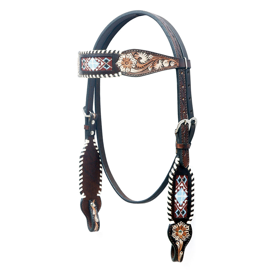 Leather western headstall with beaded inlay and tooled details - Uhorse