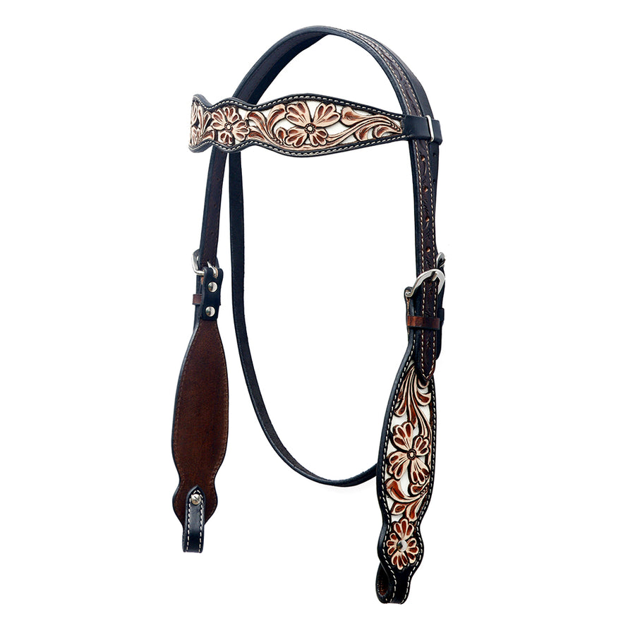 Leather western headstall with tooled floral design - Uhorse