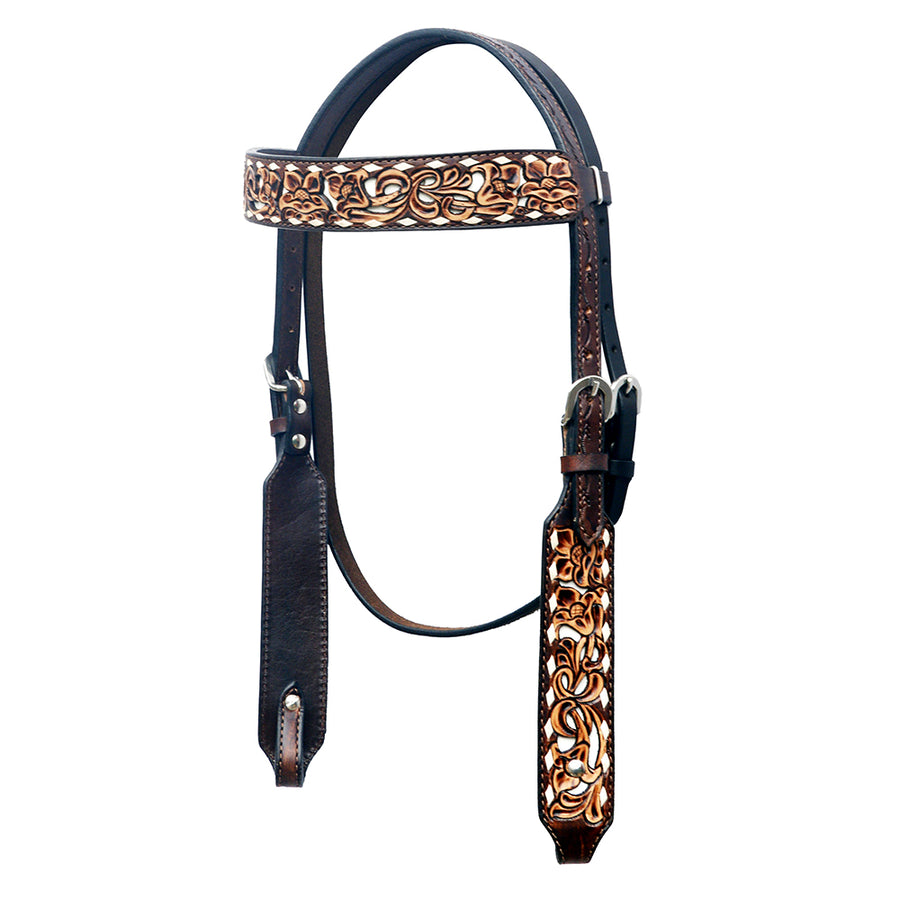 Leather headstall with tooled browband and cheekpieces - Uhorse