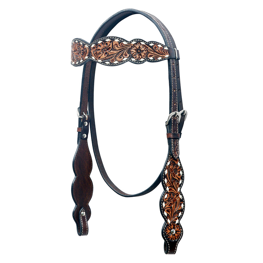 Leather western headstall with copper tooled overlay - Uhorse