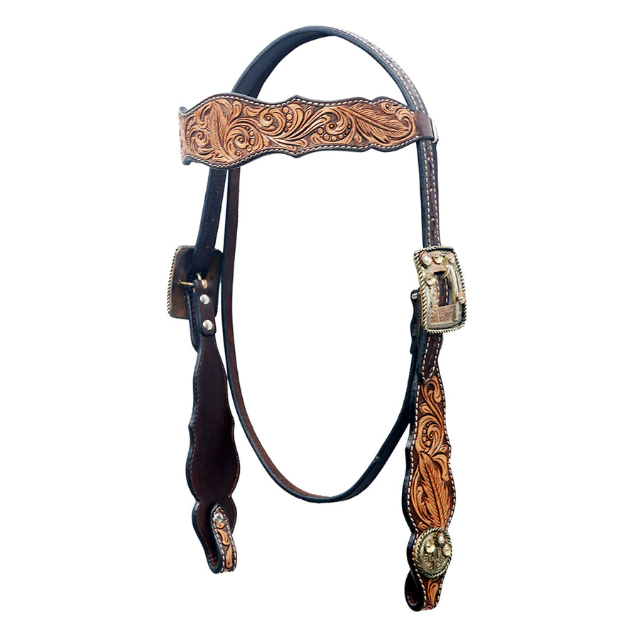 Black leather headstall with tooled copper overlay - Uhorse