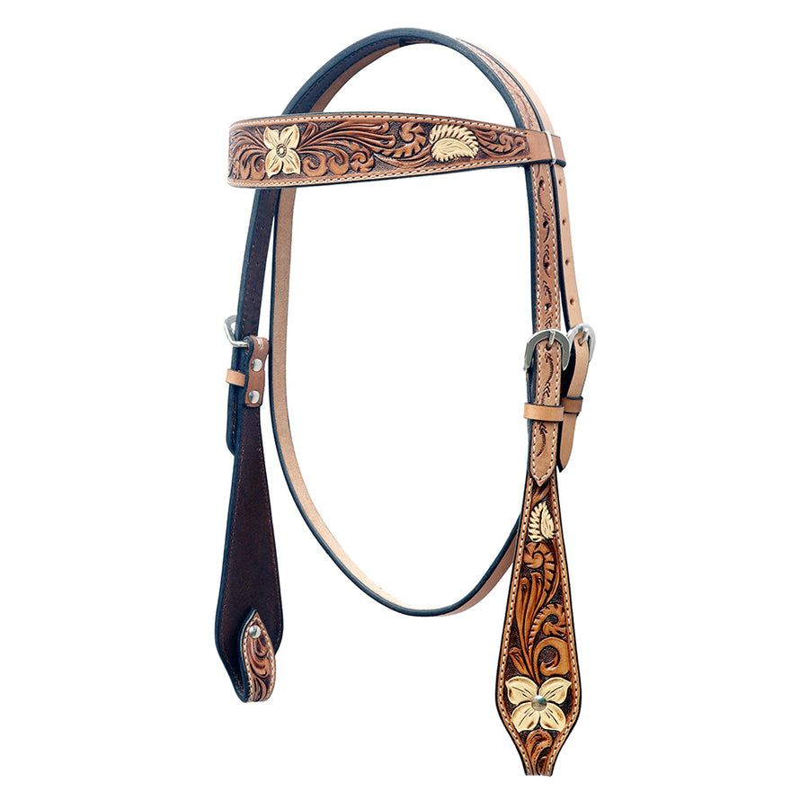 Tooled leather western headstall with floral design - Uhorse