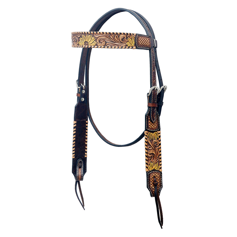 Black leather western headstall with tooled browband - Uhorse