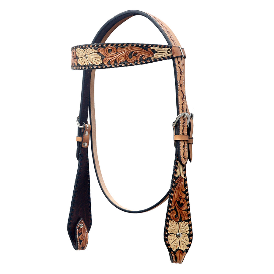 Tooled leather western headstall with floral design - Uhorse
