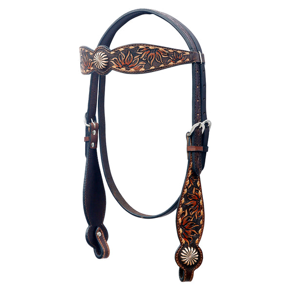 Black leather headstall with tooled brown and tan floral design - Uhorse