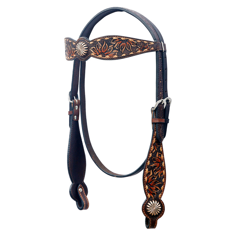 Black leather headstall with tooled brown and tan floral design - Uhorse