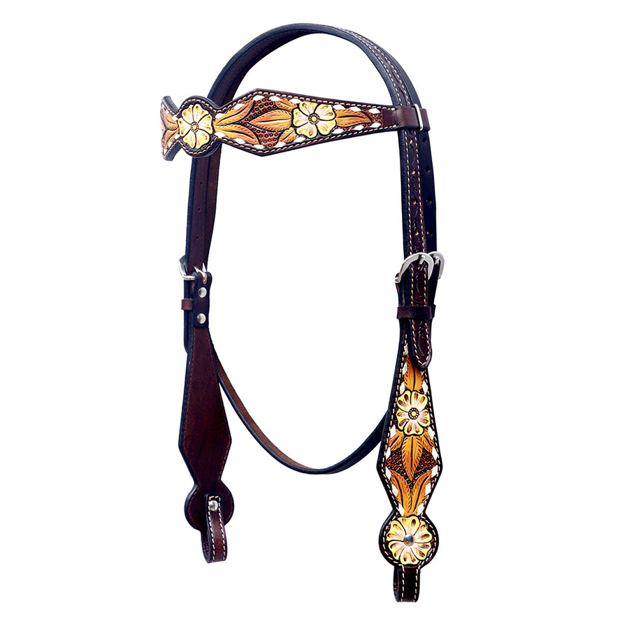 Brown leather headstall with tooled floral design - Uhorse