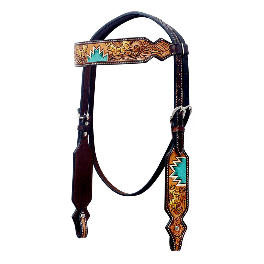Leather western headstall with tooled turquoise inlay - Uhorse