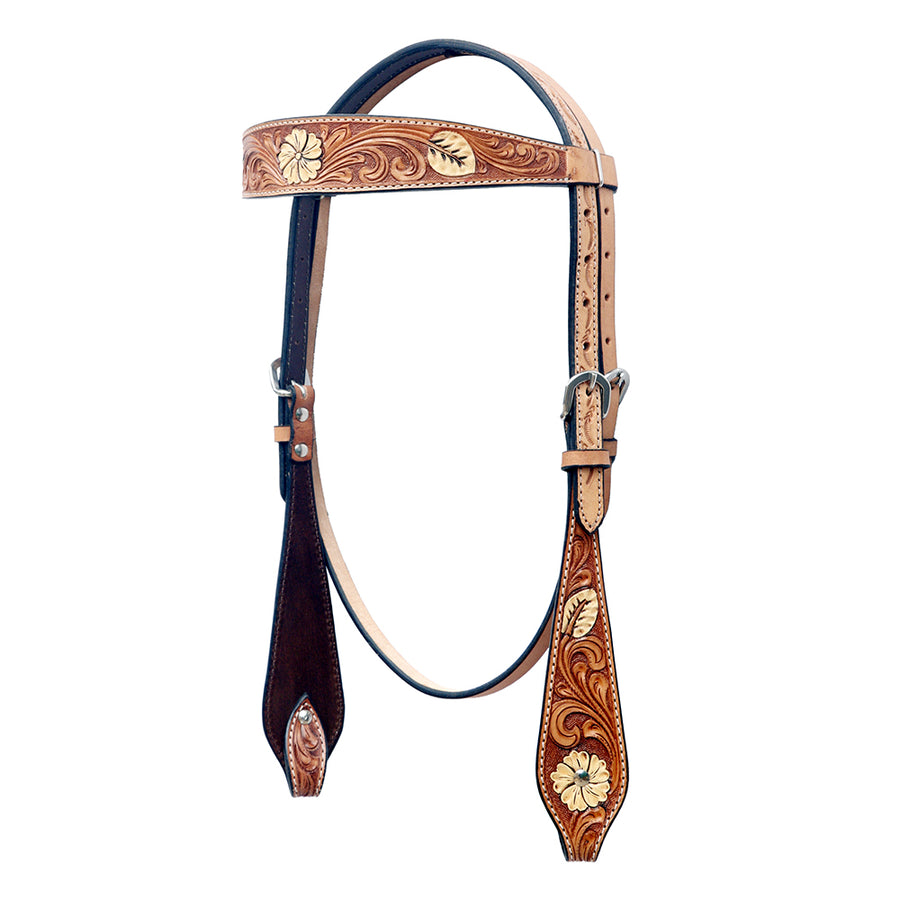 Leather western headstall with tooled floral design - Uhorse