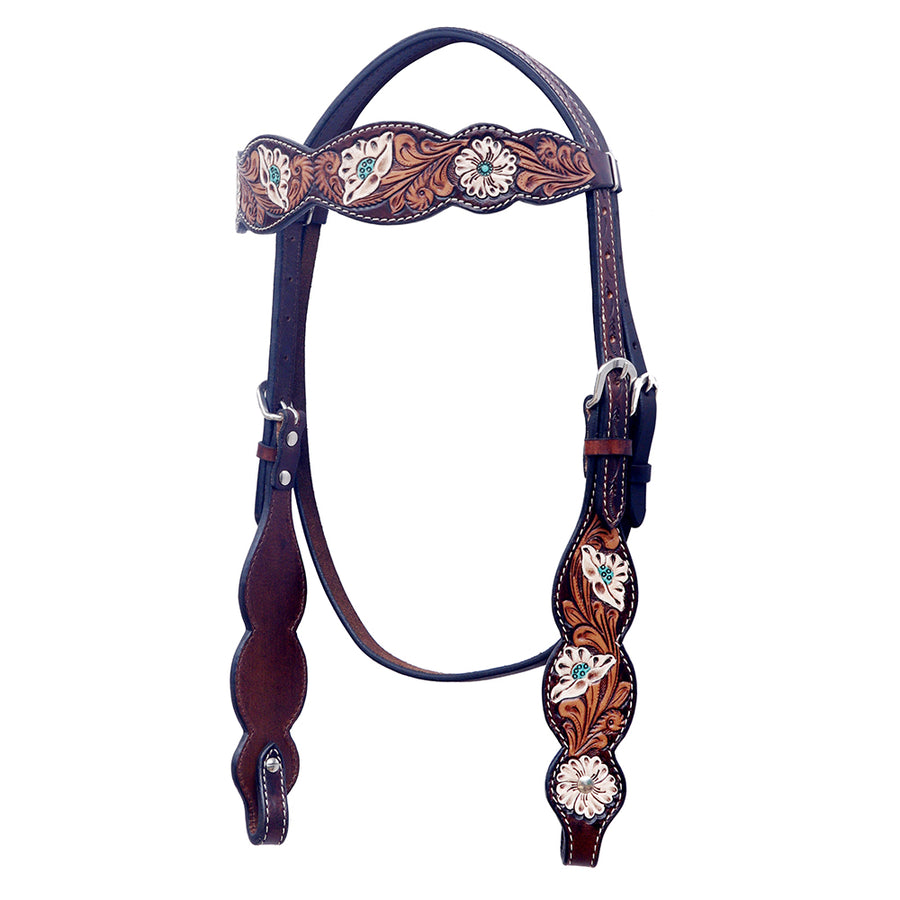 Leather western headstall with tooled floral design - Uhorse