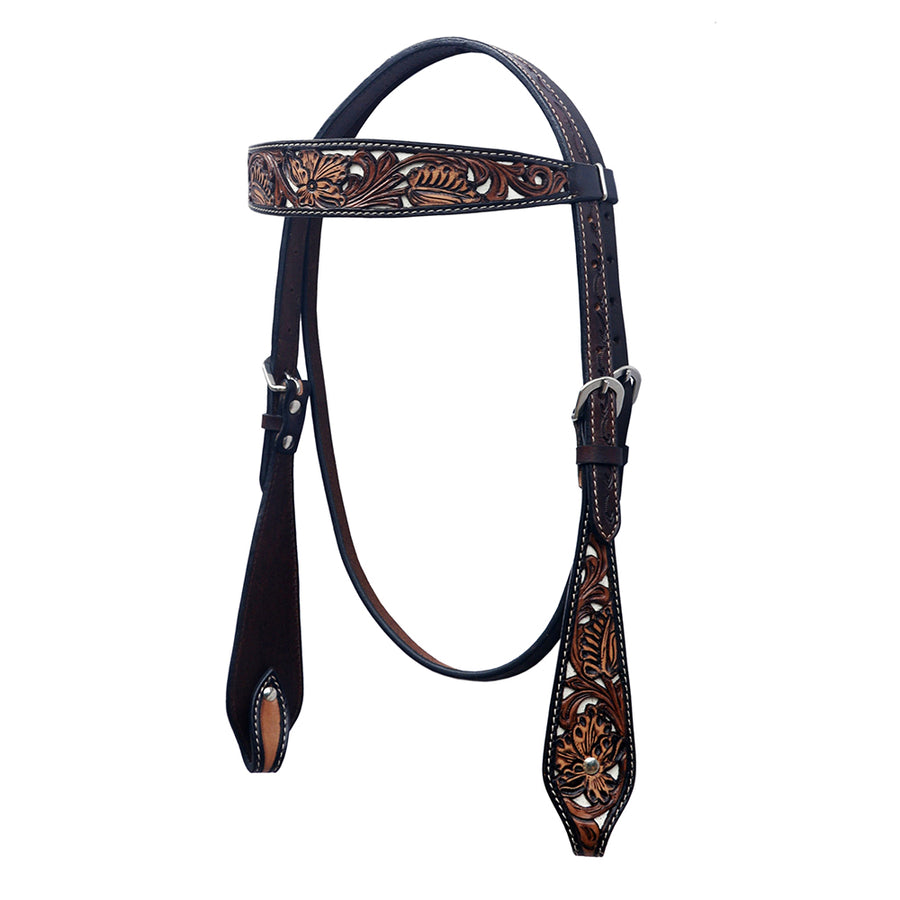 Black leather headstall with tooled brown leather browband - Uhorse