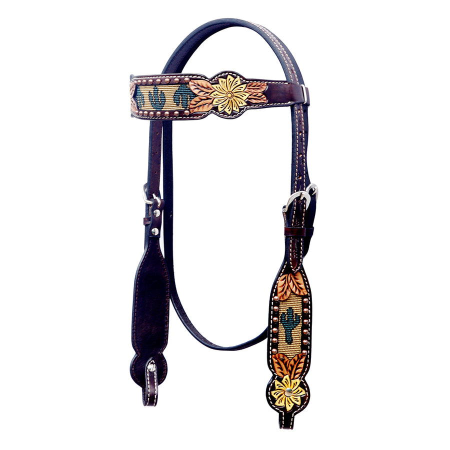 Purple leather western headstall with tooled floral detail - Uhorse