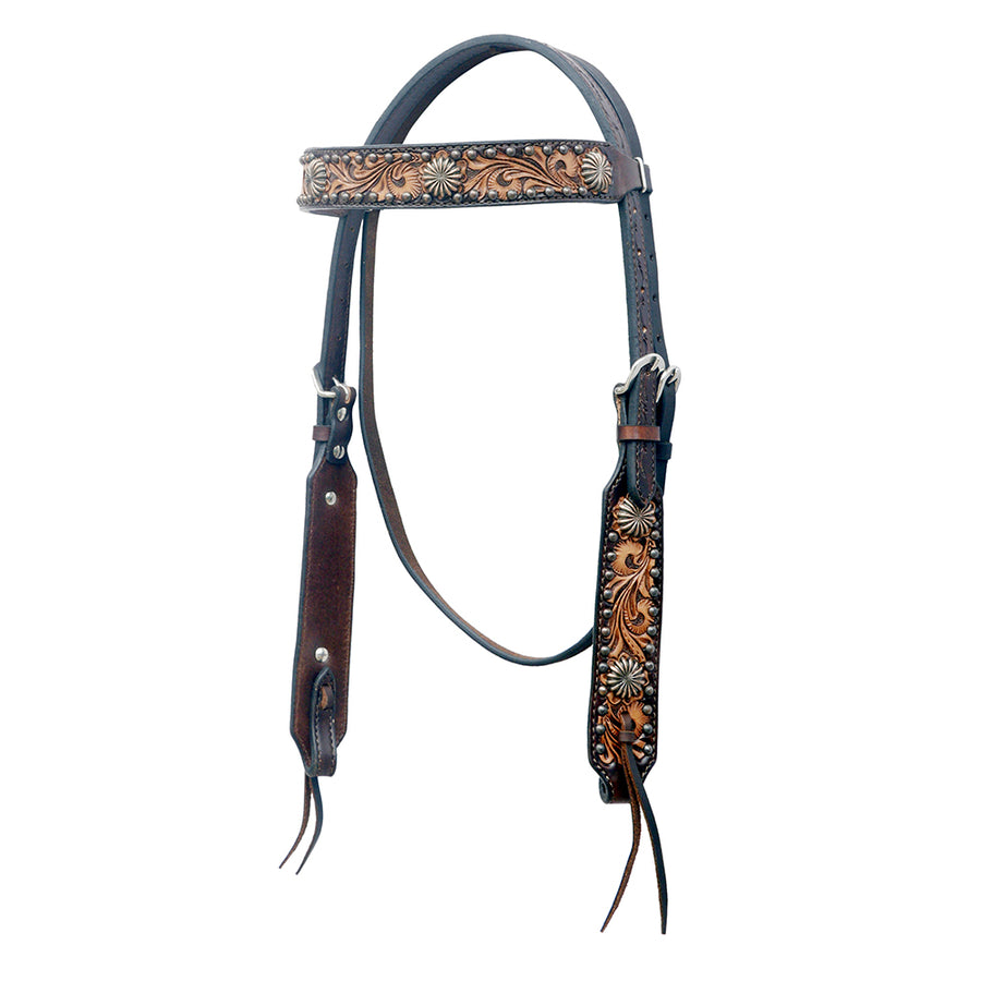 Leather headstall with tooled browband and cheeks - Uhorse