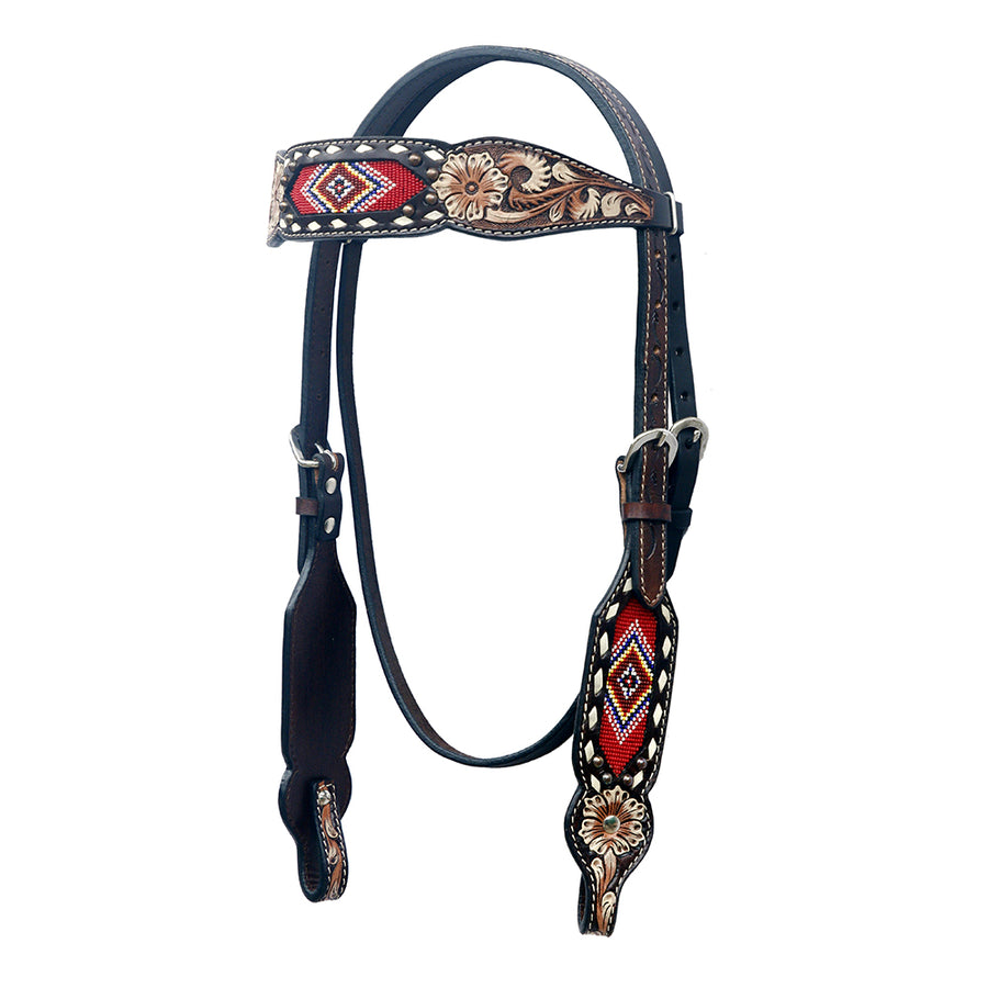 Leather headstall with red beaded inlay and tooled details - Uhorse
