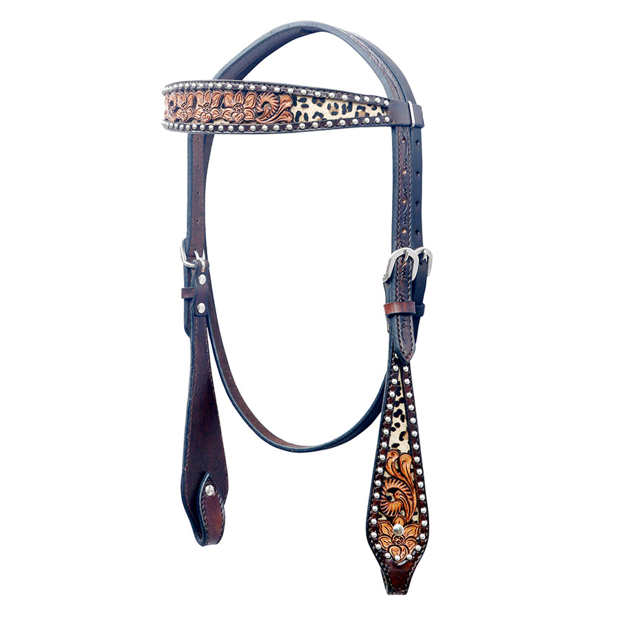 Bar H Equine Horse Genuine Leather Headstall Floral Carved Brown - Uhorse