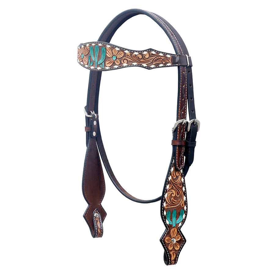 Leather western headstall with tooled floral design - Uhorse