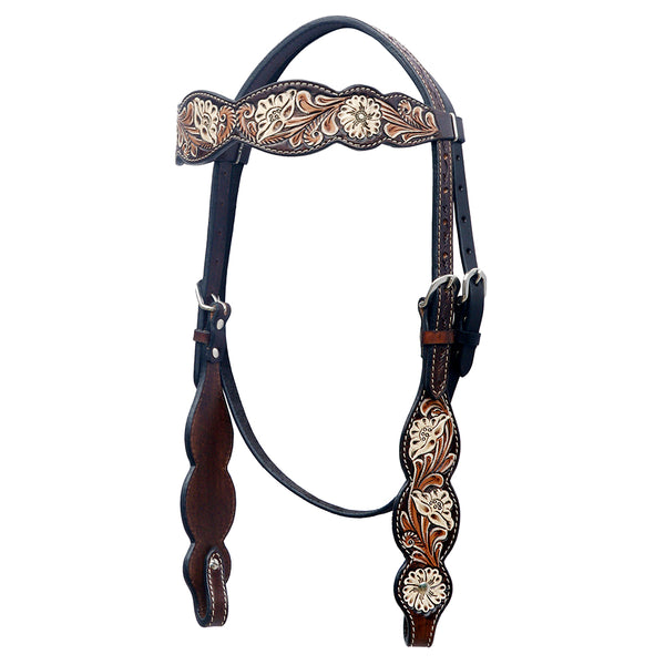 Black leather western headstall with tooled copper conchos - Uhorse